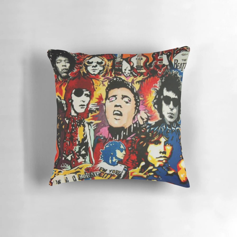 Vibrant pop art collage painting of legendary rock music icons like Lennon, Dylan, Bowie, and Hendrix printed on a soft pillow cover
