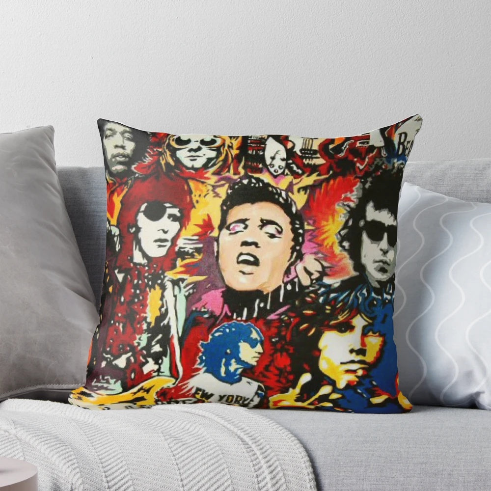 Vibrant pop art collage painting of legendary rock music icons like Lennon, Dylan, Bowie, and Hendrix printed on a soft pillow cover