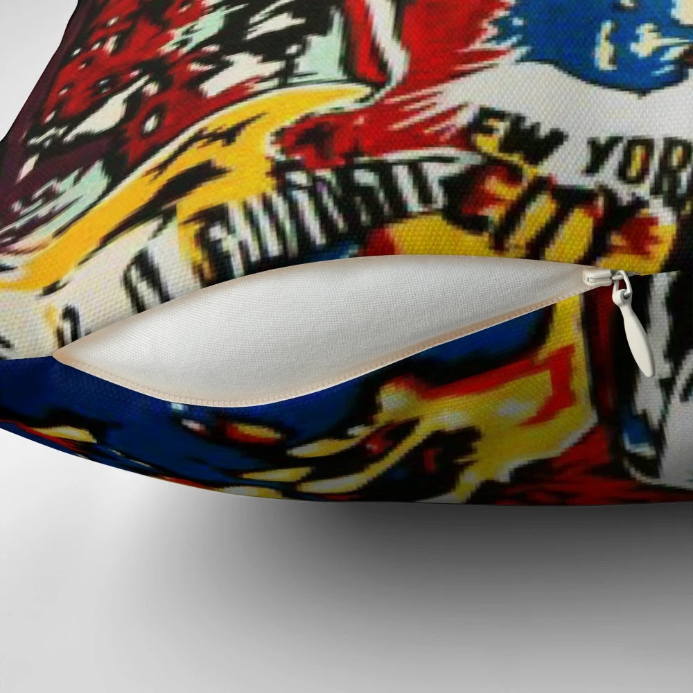 Vibrant pop art collage painting of legendary rock music icons like Lennon, Dylan, Bowie, and Hendrix printed on a soft pillow cover