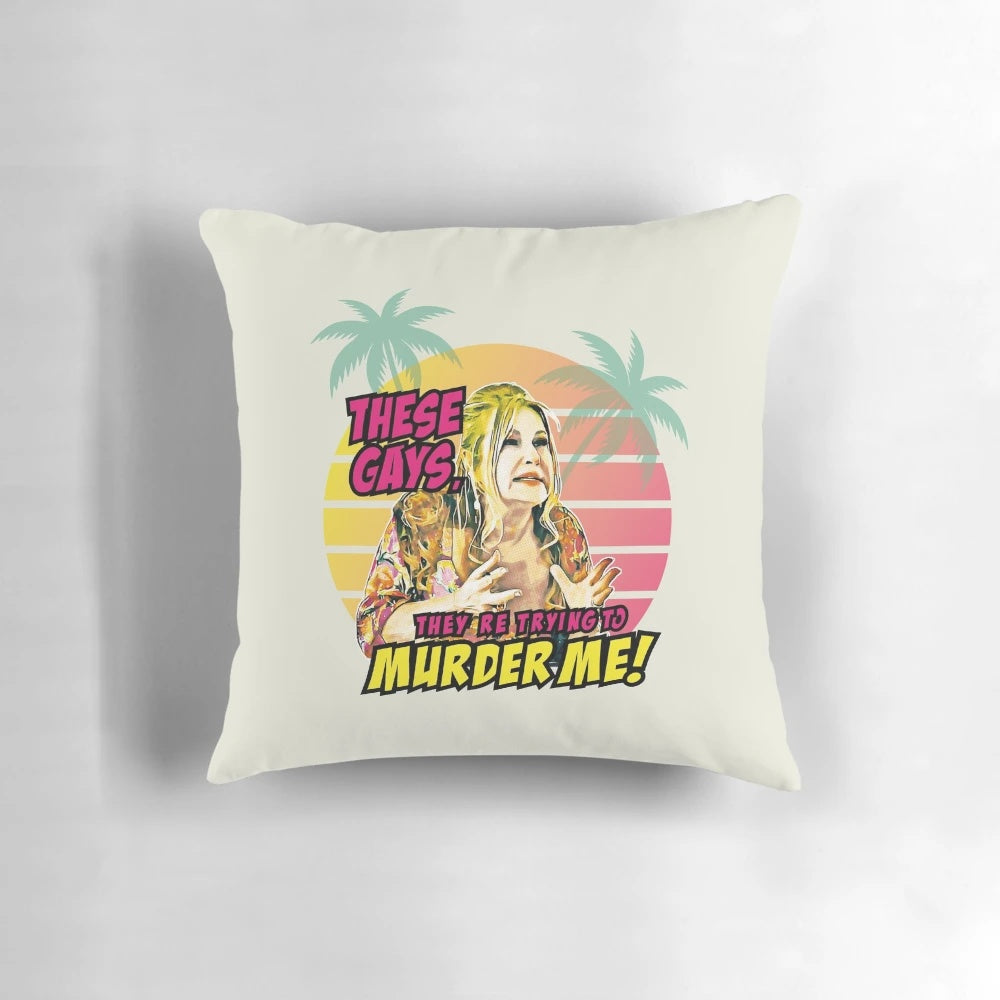 A colorful, pop art-inspired pillow featuring a playful parody of the TV series The White Lotus, starring Jennifer Coolidge.