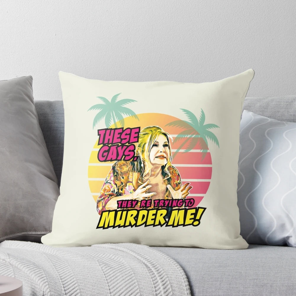 A colorful, pop art-inspired pillow featuring a playful parody of the TV series The White Lotus, starring Jennifer Coolidge.