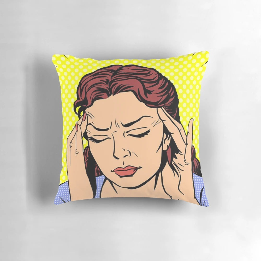 Cream-colored pop art pillow with comic book-style girl illustration