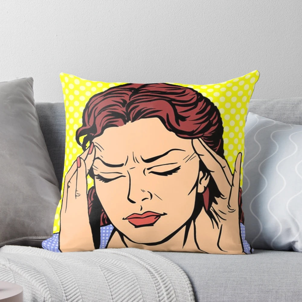 Cream-colored pop art pillow with comic book-style girl illustration