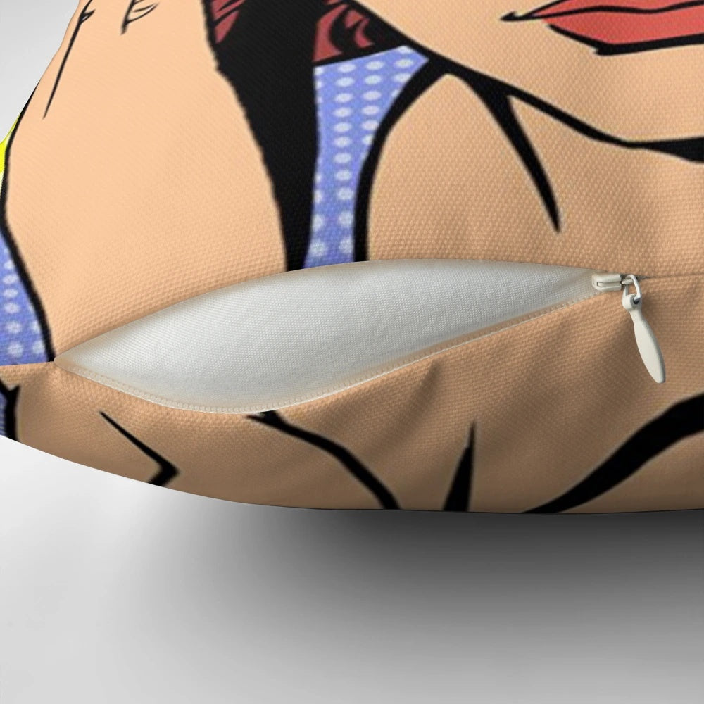 Cream-colored pop art pillow with comic book-style girl illustration