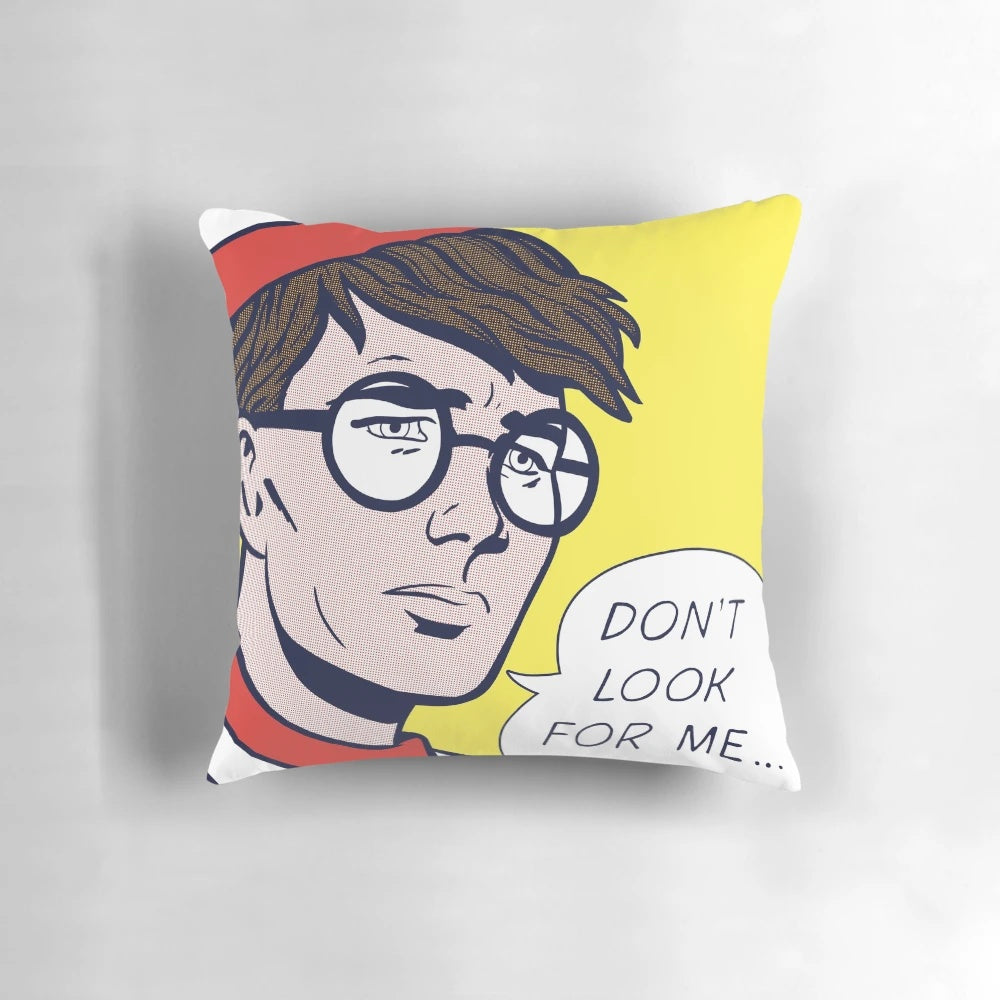 Pop art-inspired "Where's Waldo?" throw pillow with vibrant colors and retro comic book style.