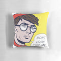 Pop art-inspired "Where's Waldo?" throw pillow with vibrant colors and retro comic book style.