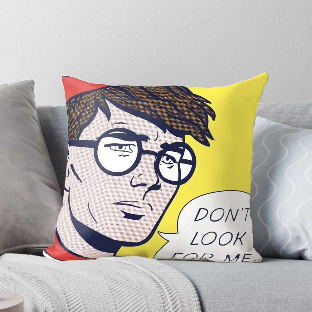 Pop art-inspired "Where's Waldo?" throw pillow with vibrant colors and retro comic book style.