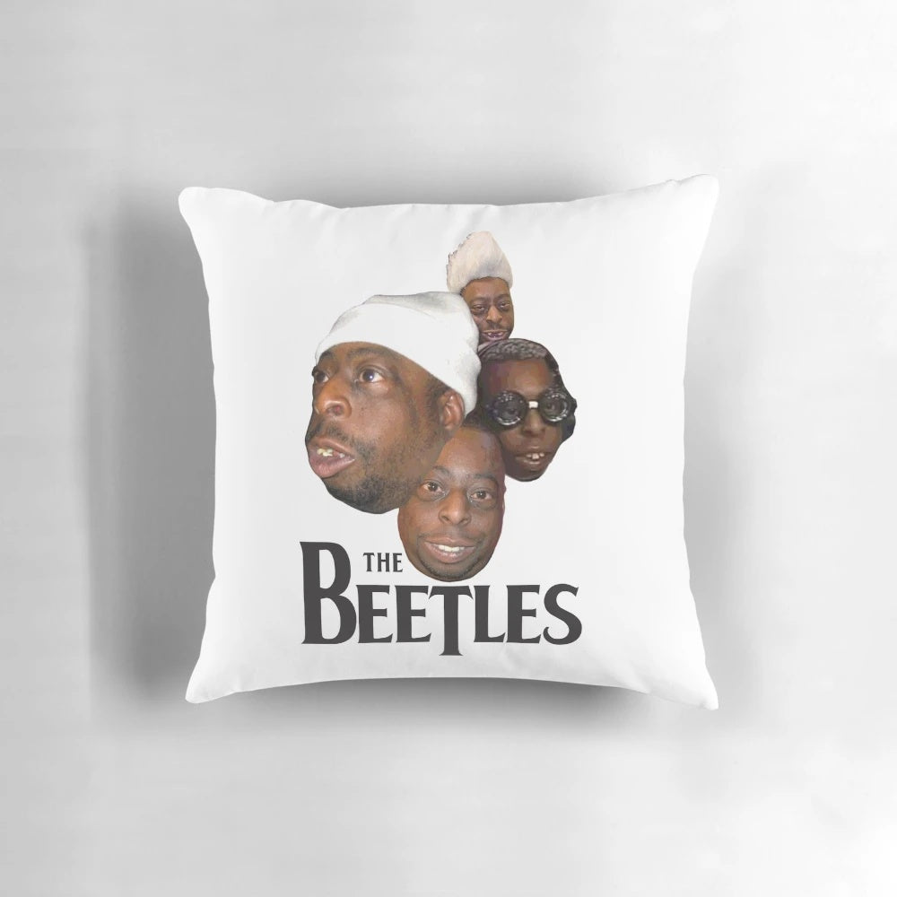 A colorful and whimsical pillow featuring a beetle design, inspired by pop culture references.