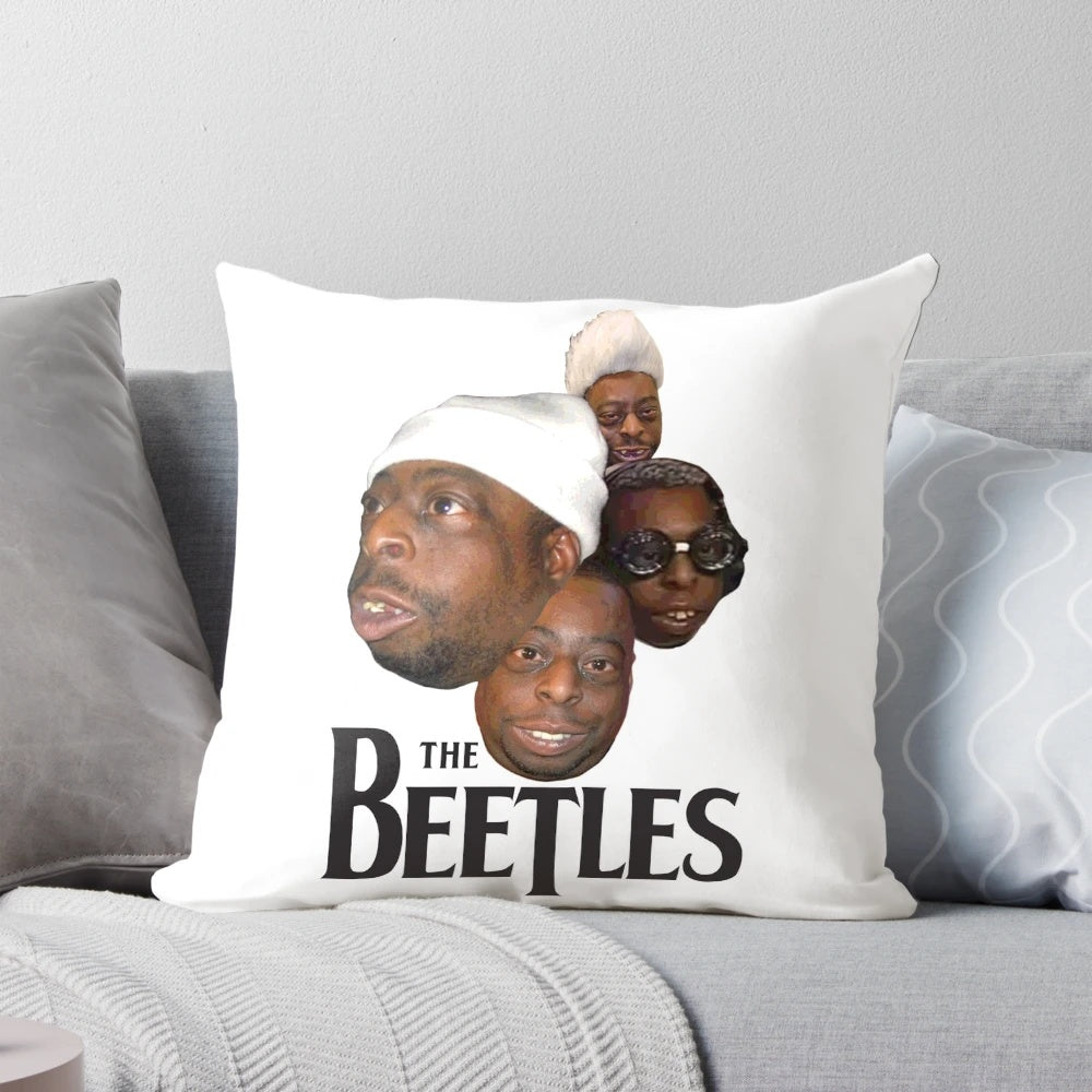 A colorful and whimsical pillow featuring a beetle design, inspired by pop culture references.