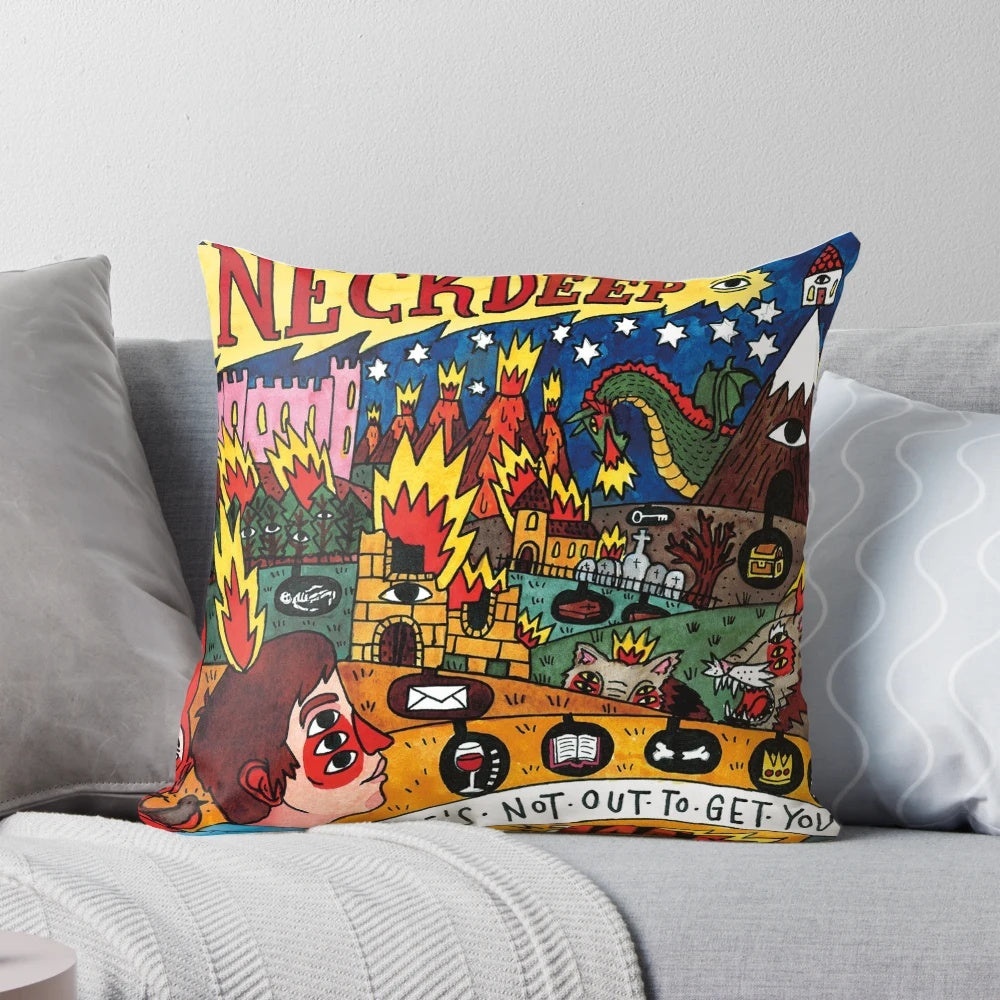 Pop punk-inspired decorative pillow featuring the album cover art from Neck Deep's "Life's Not Out To Get You"