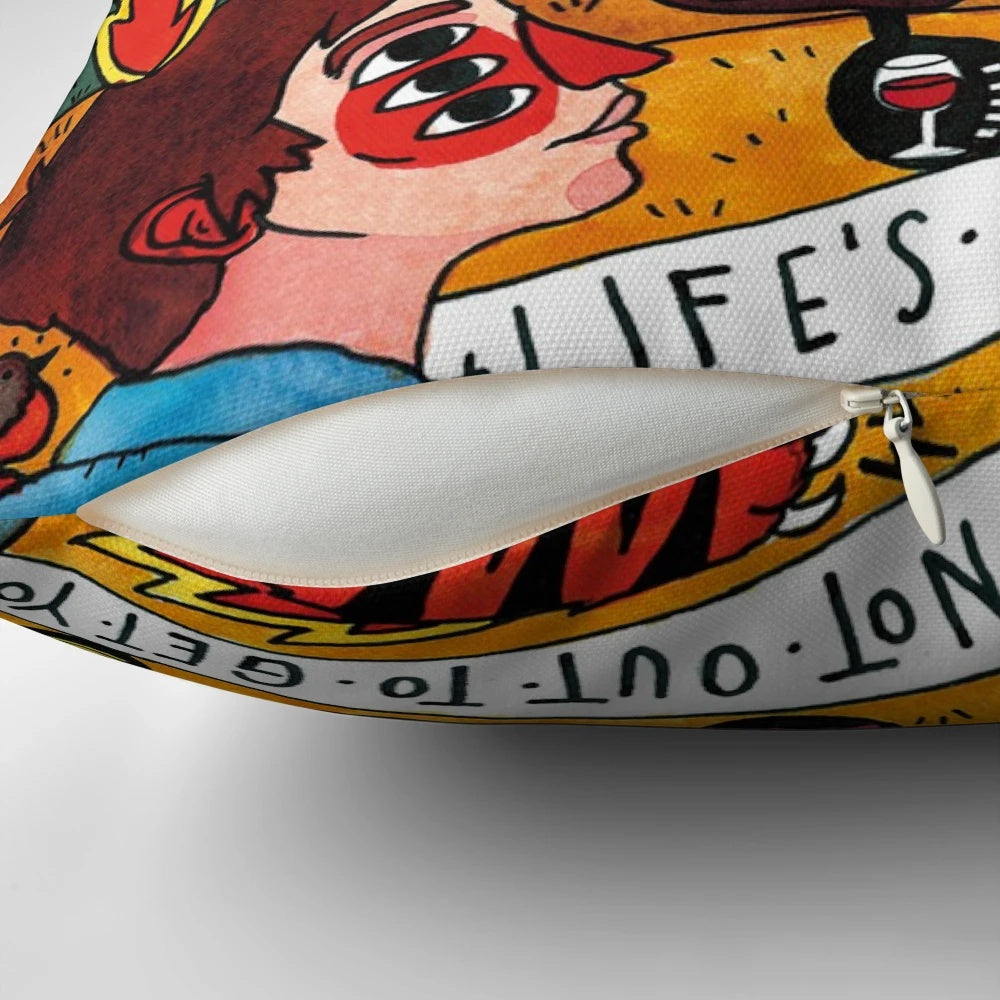 Pop punk-inspired decorative pillow featuring the album cover art from Neck Deep's "Life's Not Out To Get You"
