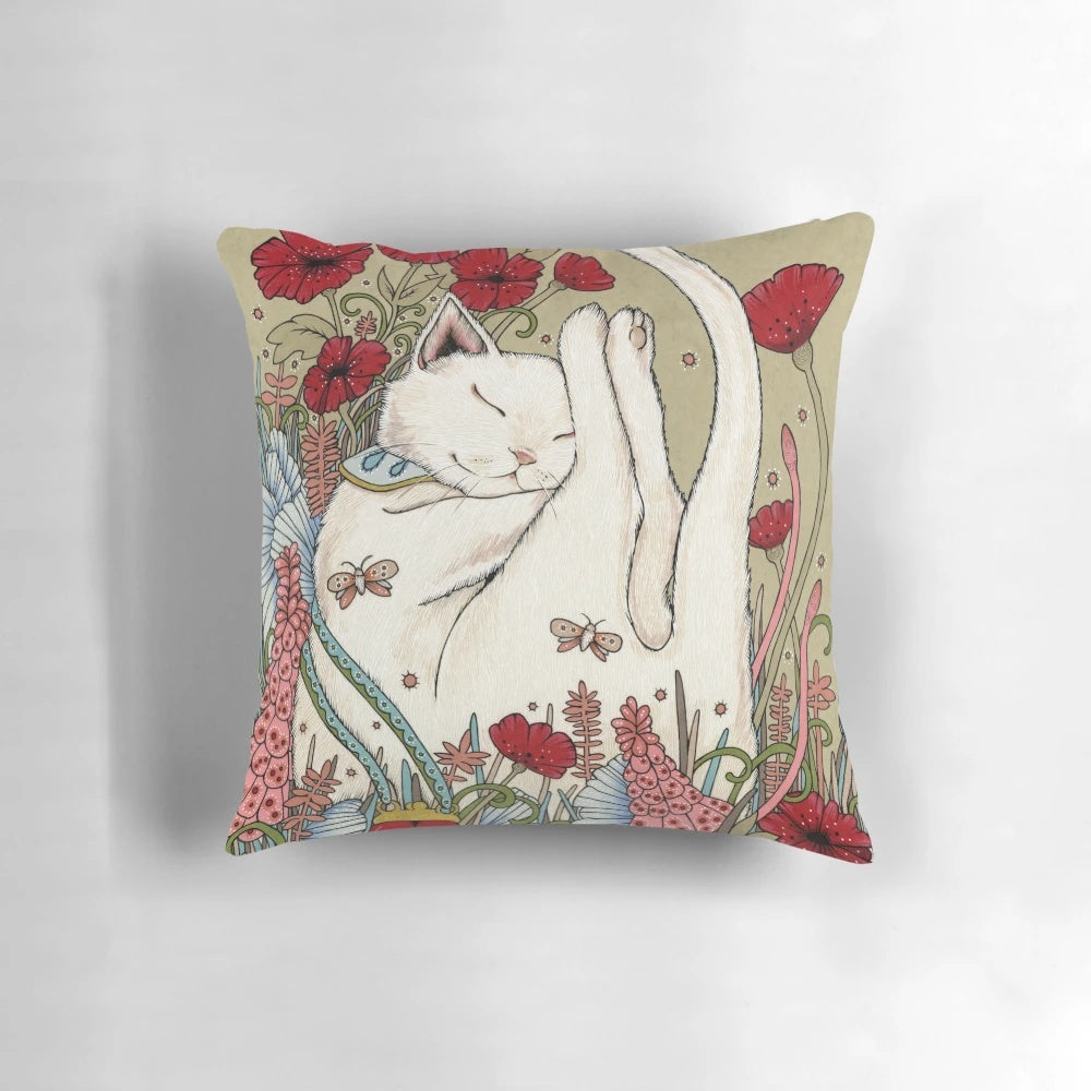 Vibrant Poppies and Ladybug Design on Soft Decorative Pillow