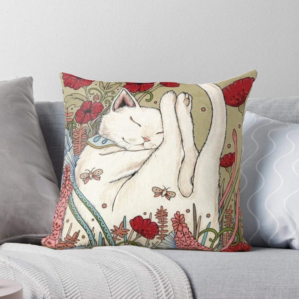 Vibrant Poppies and Ladybug Design on Soft Decorative Pillow