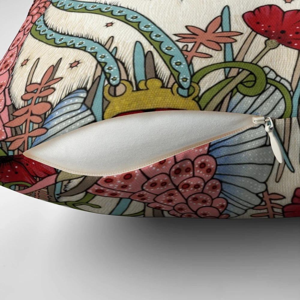 Vibrant Poppies and Ladybug Design on Soft Decorative Pillow
