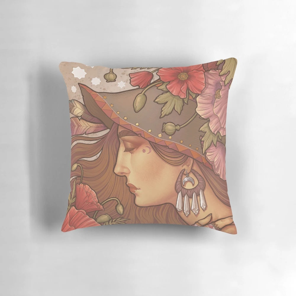 Poppy Witch Pillow featuring a vibrant floral design with poppies, perfect for kitchen witches and nature-inspired home decor