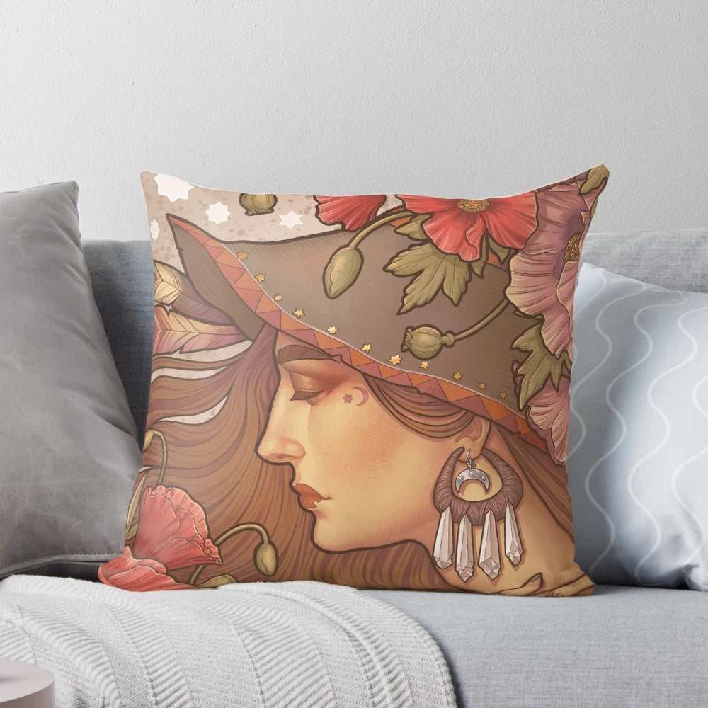 Poppy Witch Pillow featuring a vibrant floral design with poppies, perfect for kitchen witches and nature-inspired home decor