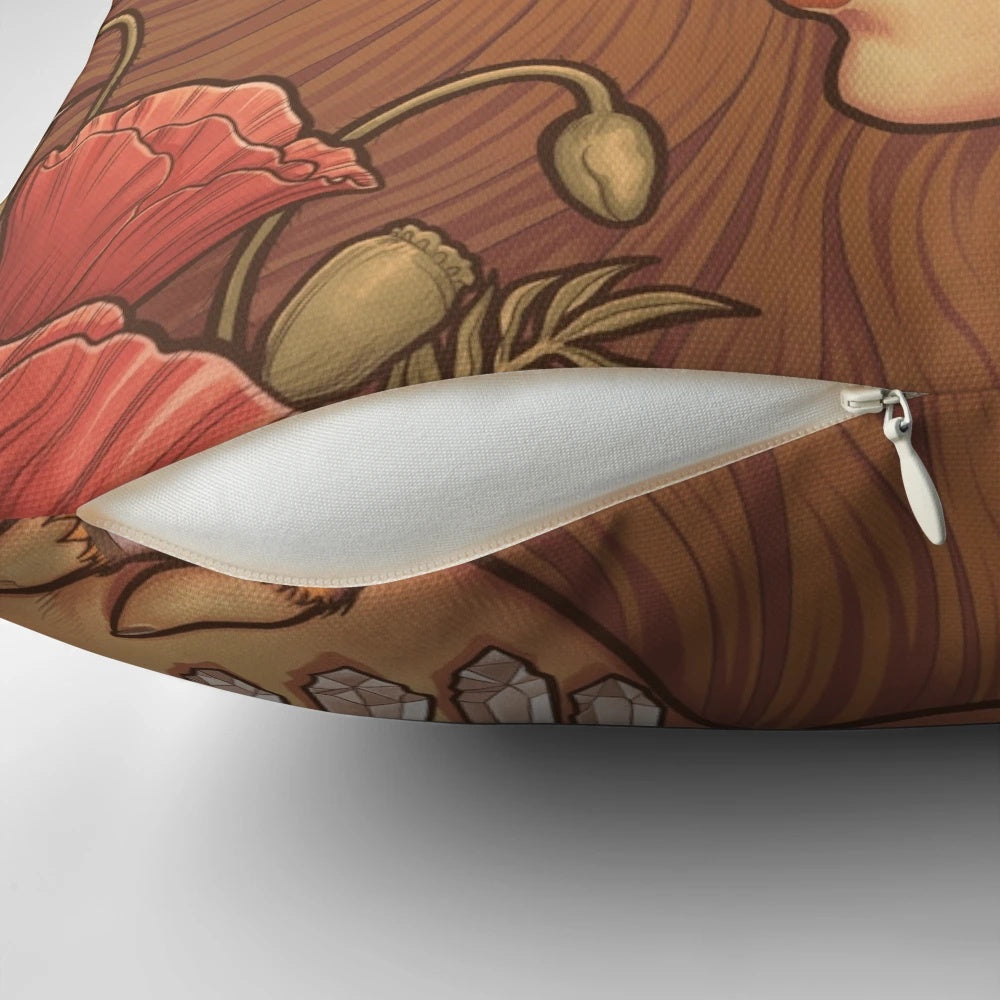 Poppy Witch Pillow featuring a vibrant floral design with poppies, perfect for kitchen witches and nature-inspired home decor