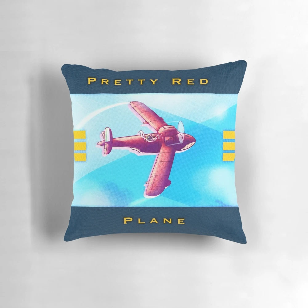 A red plane-themed pillow inspired by the Studio Ghibli film Porco Rosso