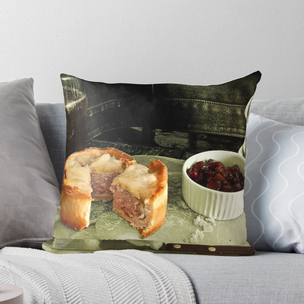 Soft and plush pillow featuring a realistic porky pie design, perfect for food lovers and those seeking comfort during isolation.