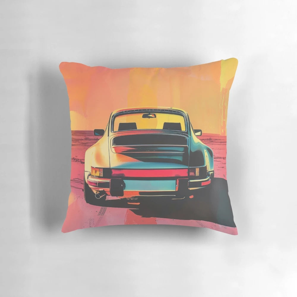 Porsche 964 Rear View Risograph Print Throw Pillow featuring a vibrant, limited edition design of the iconic Porsche 911 sports car.