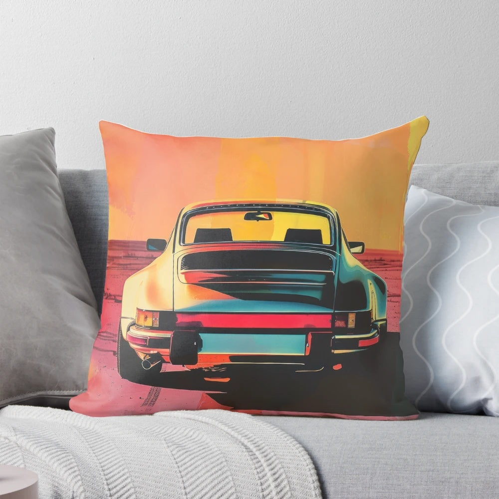 Porsche 964 Rear View Risograph Print Throw Pillow featuring a vibrant, limited edition design of the iconic Porsche 911 sports car.