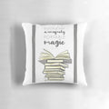 A portable decorative pillow featuring a digital illustration of a stack of books and a book quote.