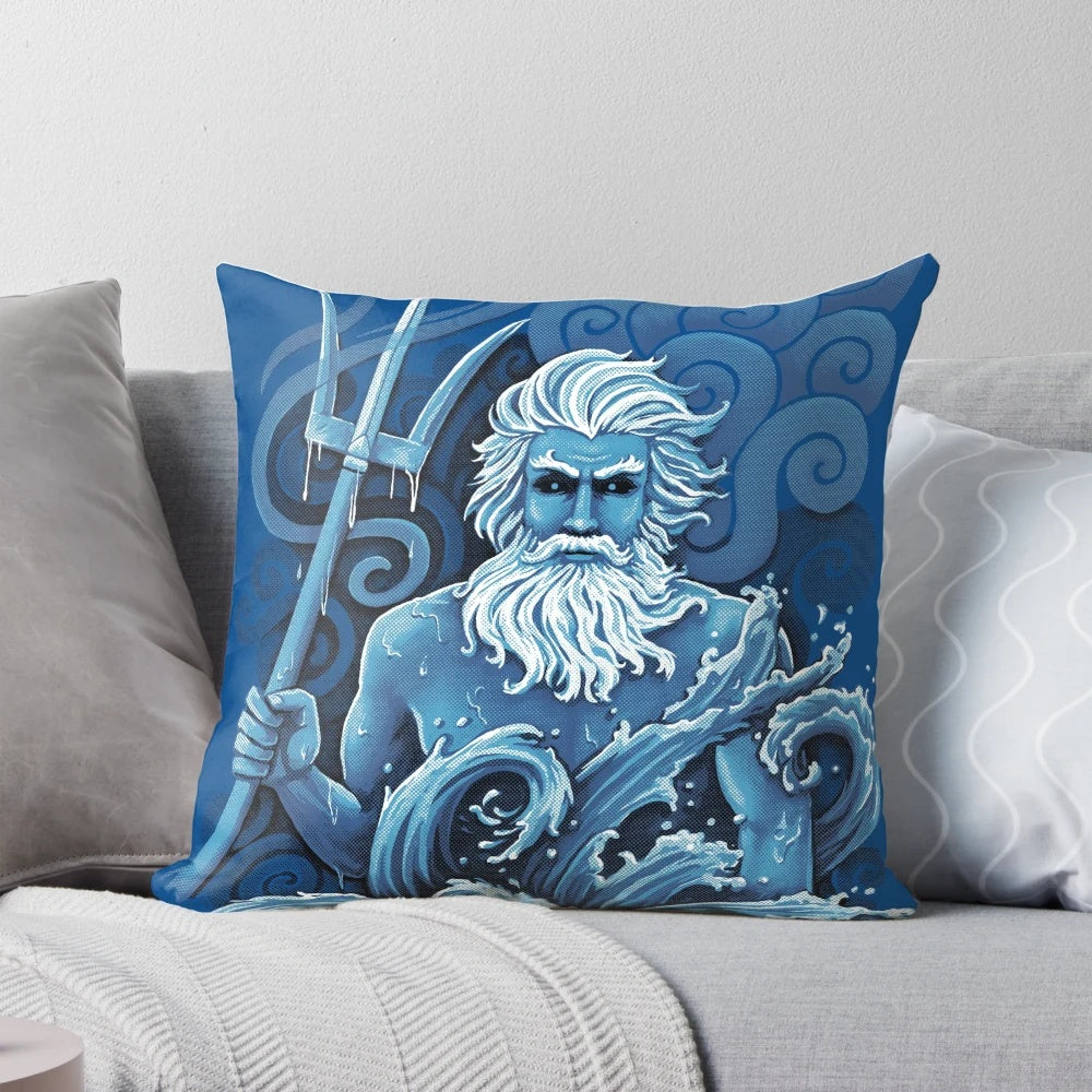 Poseidon Sea Pillow with Trident and Ocean Waves