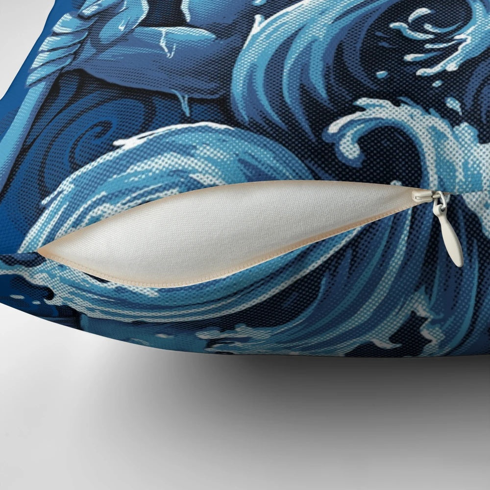 Poseidon Sea Pillow with Trident and Ocean Waves