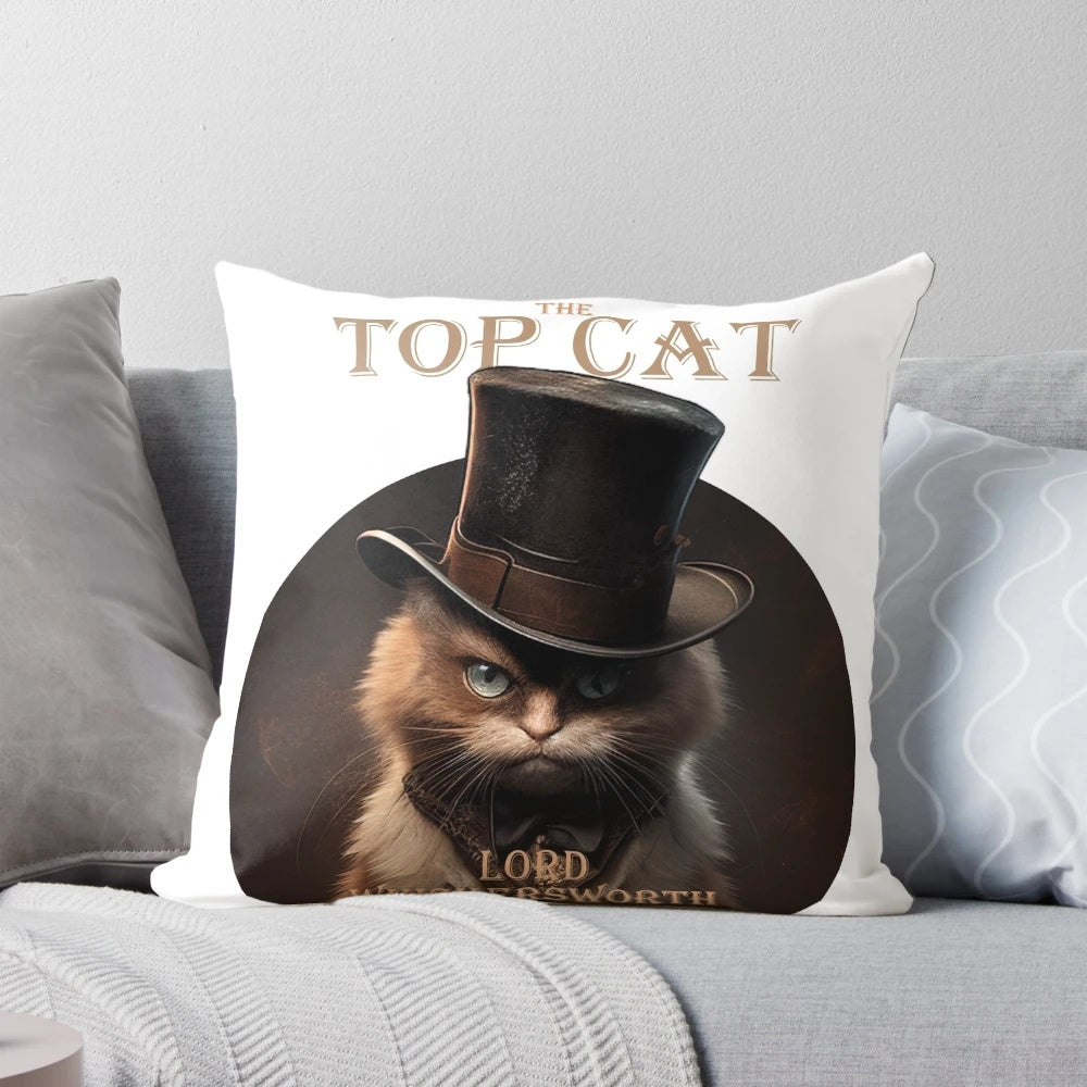 Plush pillow featuring a posh and clever cat named Lord Whiskersworth