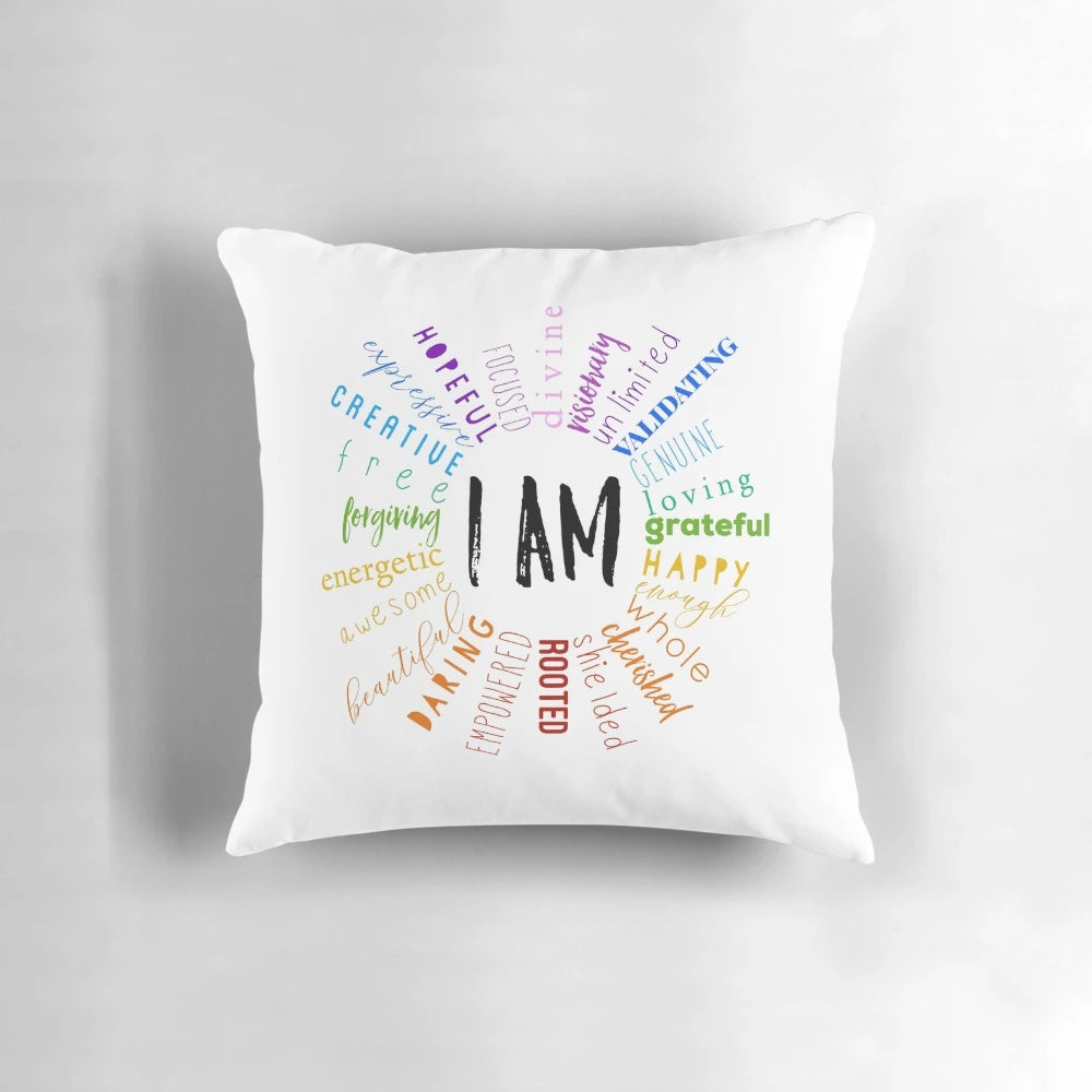 Positive affirmation mantra pillow with chakra symbols for holistic meditation and spiritual growth