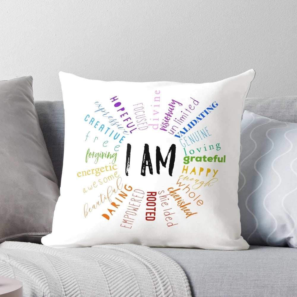 Positive affirmation mantra pillow with chakra symbols for holistic meditation and spiritual growth
