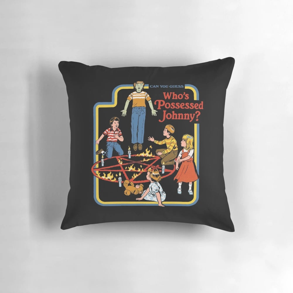 Vintage-inspired pillow featuring a possessed Johnny character in a retro horror-themed design.