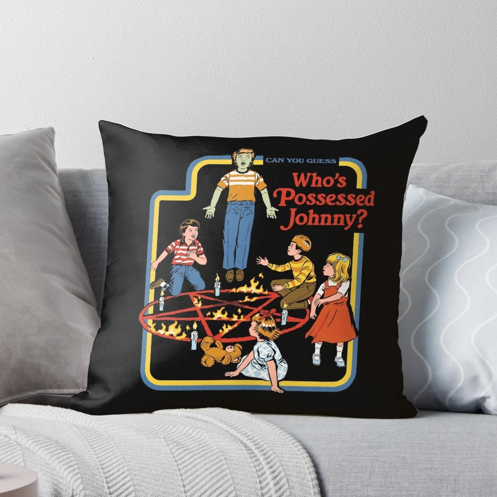 Vintage-inspired pillow featuring a possessed Johnny character in a retro horror-themed design.