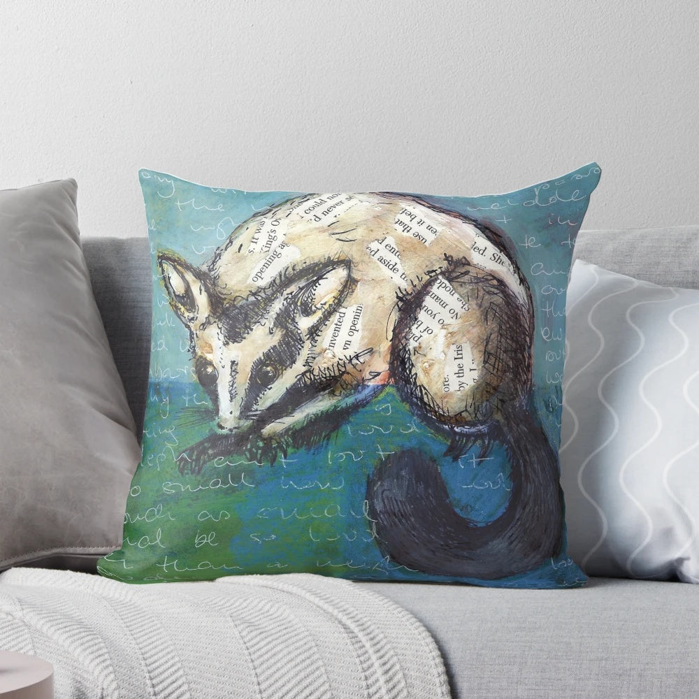 Possum Pillow featuring a collage artwork by Michele Meister depicting a possum in the Australian bush.
