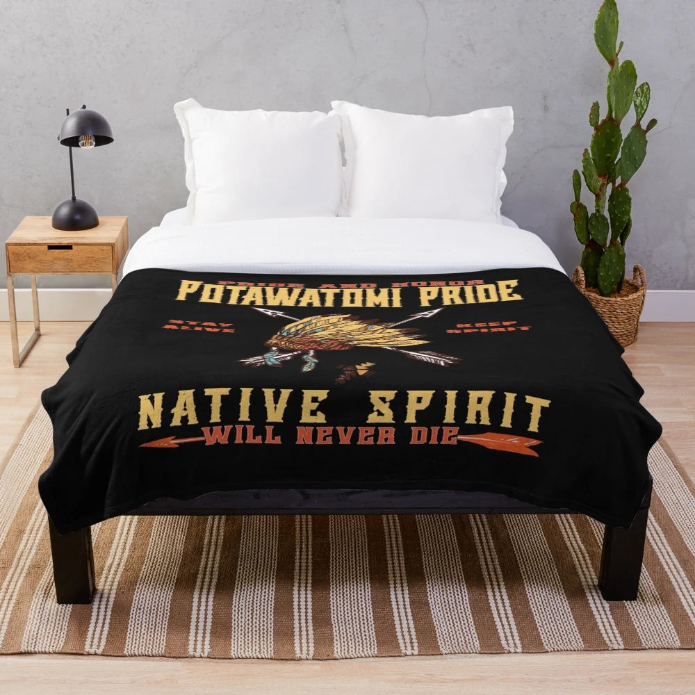 Potawatomi Native American inspired plush blanket with tribal design and dreamcatcher
