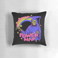 A quirky, retro-inspired "Power Nap Pillow" featuring a colorful rainbow design and a playful skull motif.