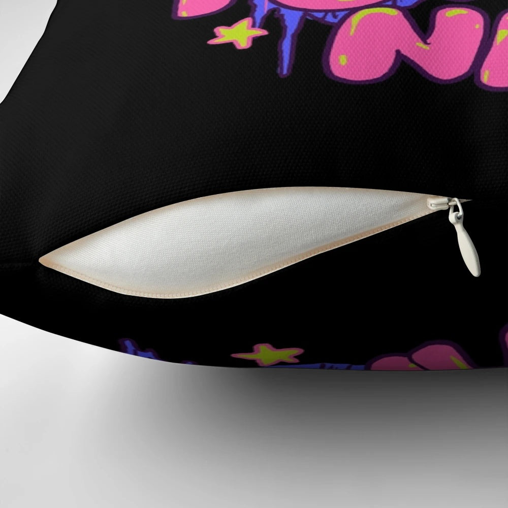 A quirky, retro-inspired "Power Nap Pillow" featuring a colorful rainbow design and a playful skull motif.