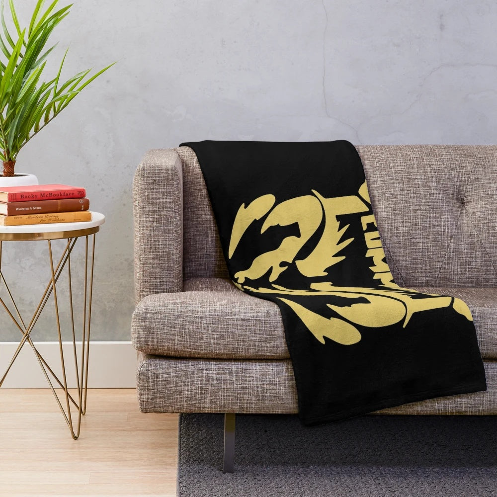 Diesel themed plush blanket with gold, cummins, and engine graphics