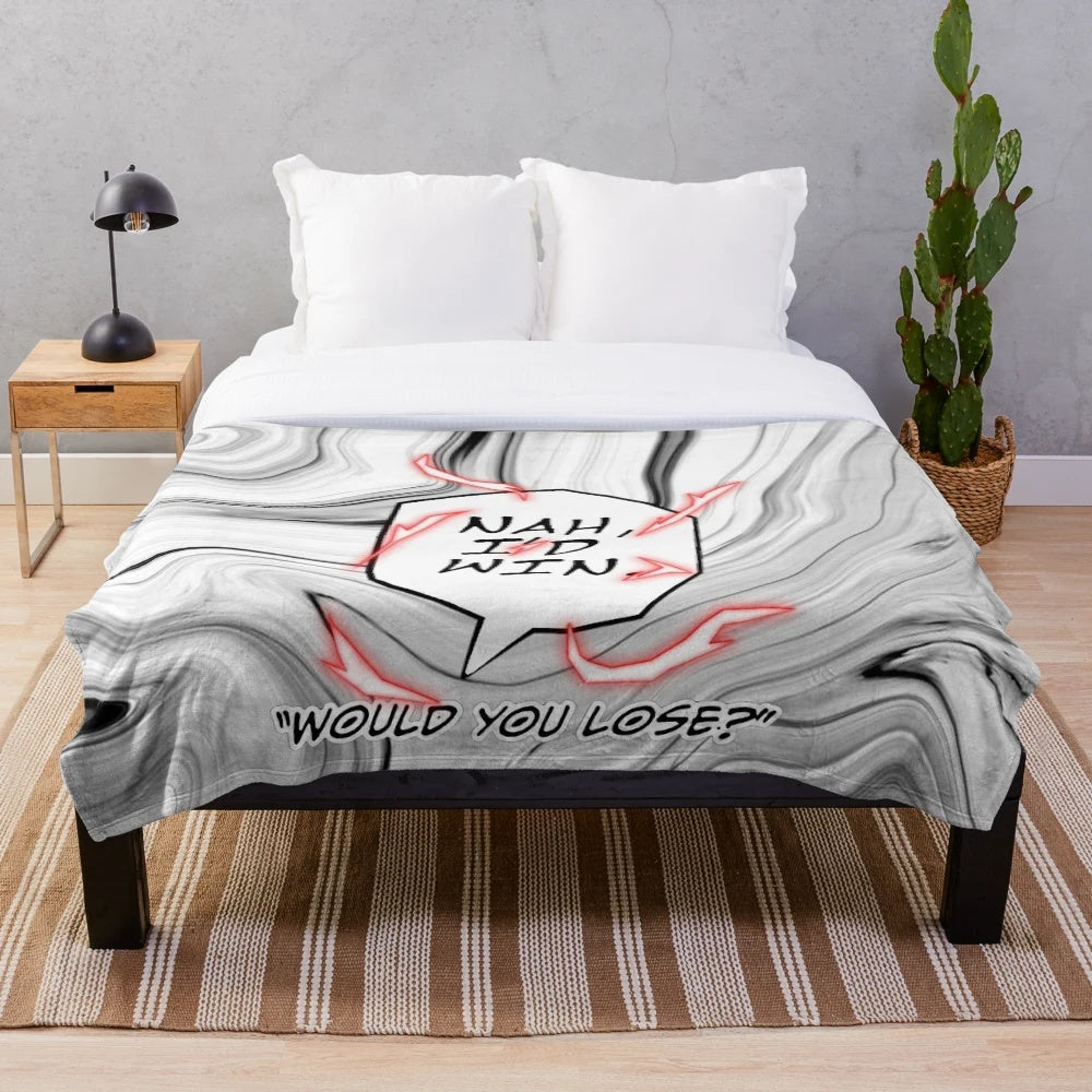 Jujutsu Kaisen inspired plush blanket featuring an anime quote bubble design with Gojo Satoru's "Nah, I'd Win" catchphrase