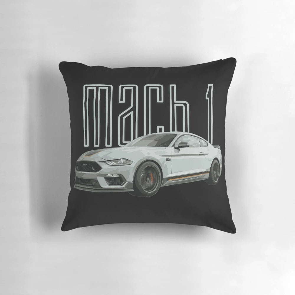 A gray throw pillow featuring the iconic design of a Ford Mustang GT sports car.