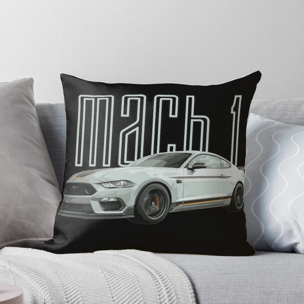 A gray throw pillow featuring the iconic design of a Ford Mustang GT sports car.