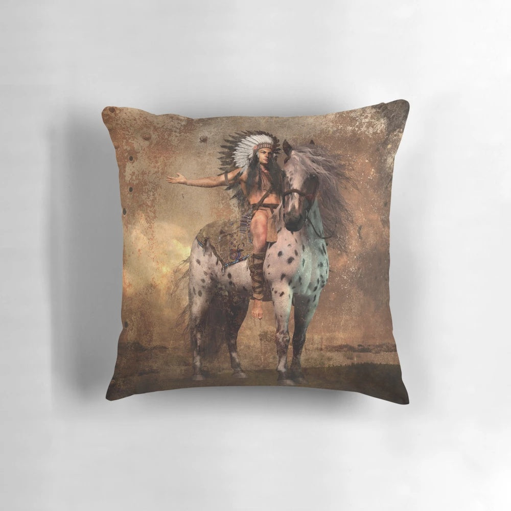 Sepia-toned portrait of a stoic, noble Native American warrior chief on a pillow