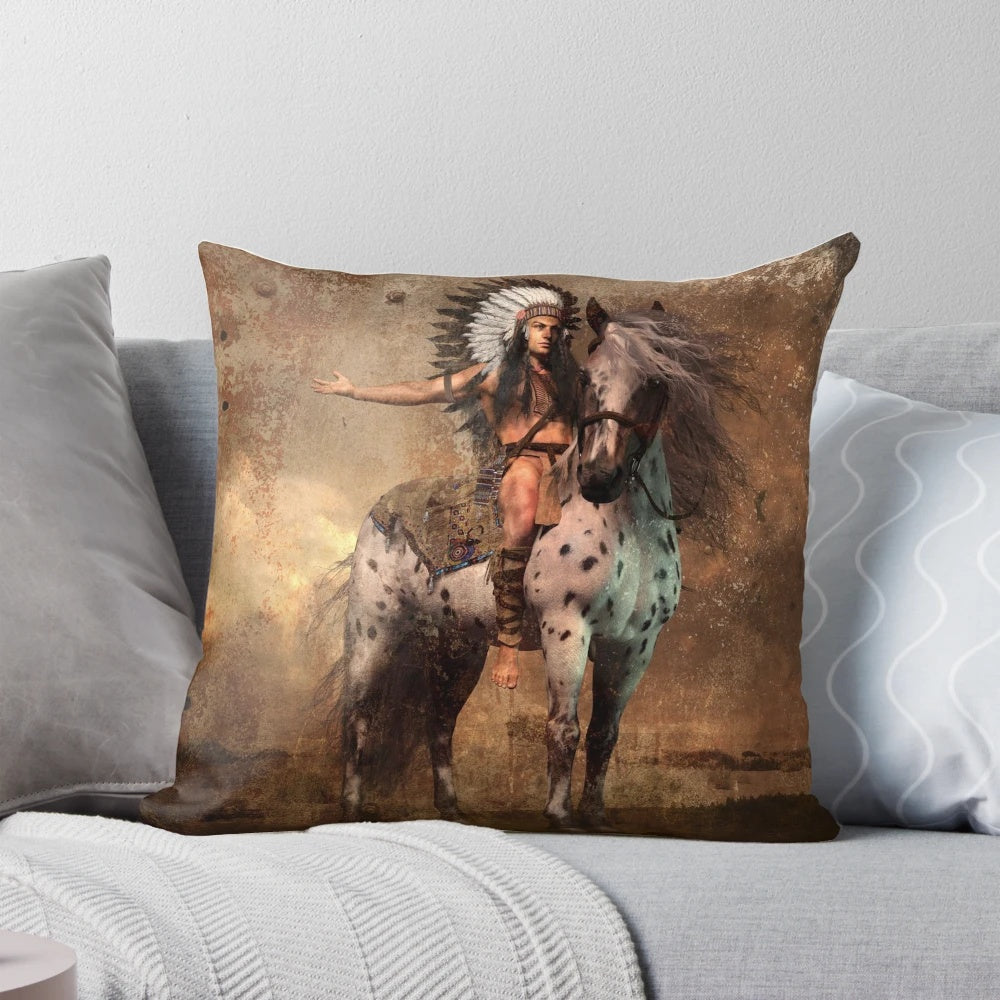 Sepia-toned portrait of a stoic, noble Native American warrior chief on a pillow