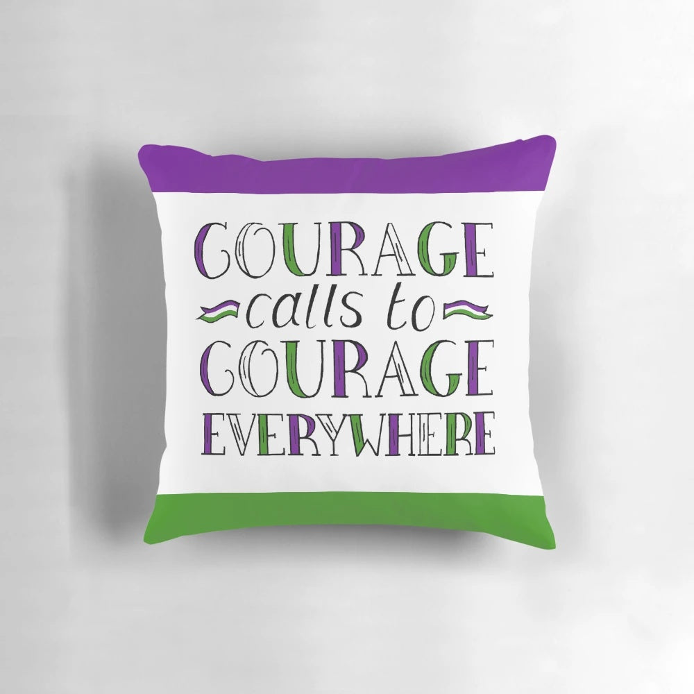 A purple, green, and white pillow featuring the handlettered suffragette quote "Courage Calls to Courage Everywhere" in a bold, inspiring design.