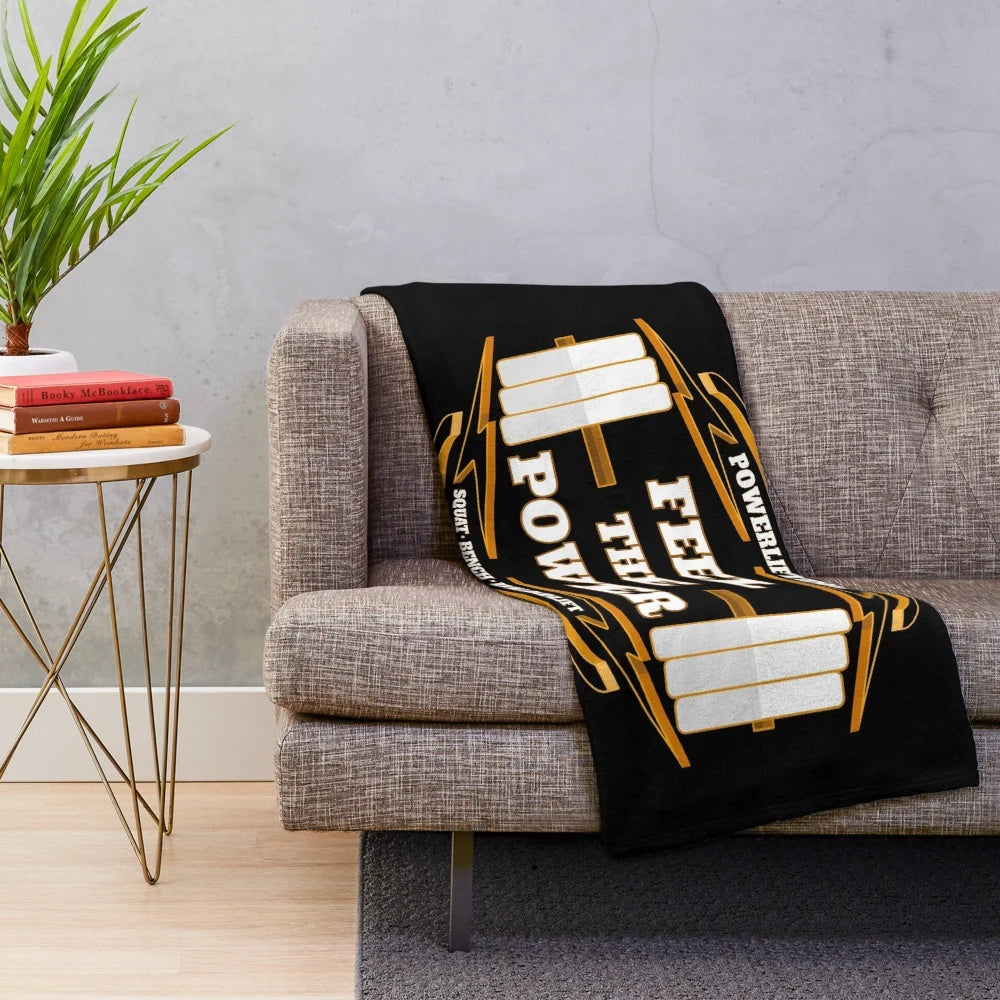 Powerlifting plush blanket with deadlift, squat, and bench press design