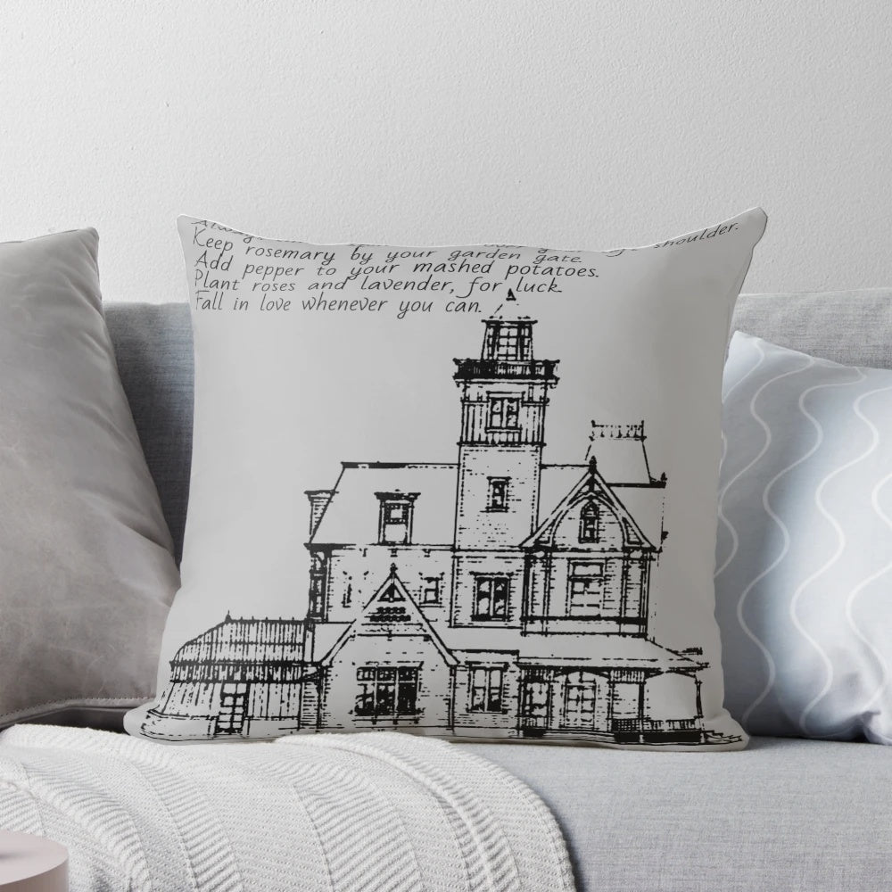 Practical Magic-inspired decorative pillow with house rules text in a grunge, retro style