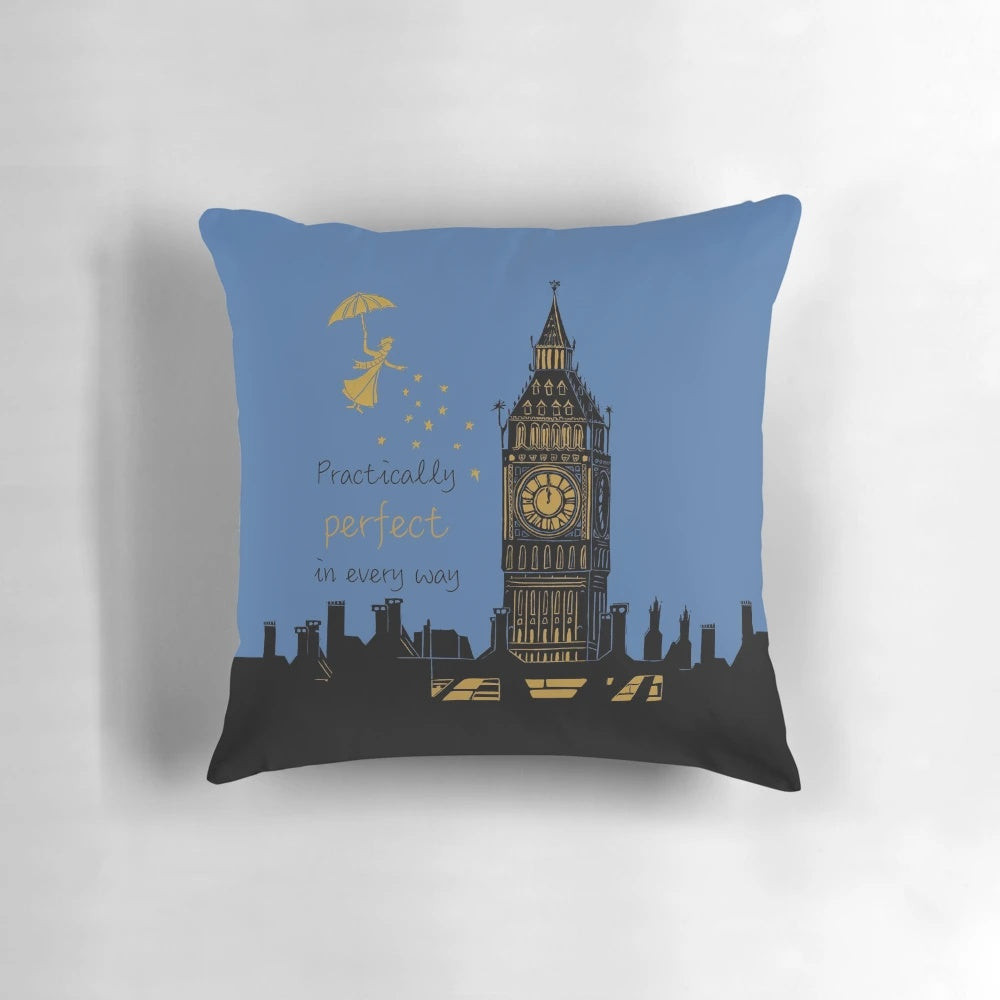 Mary Poppins and Big Ben linocut silhouette design on a soft, plush pillow