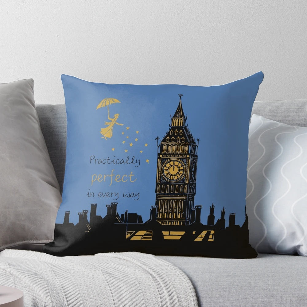 Mary Poppins and Big Ben linocut silhouette design on a soft, plush pillow