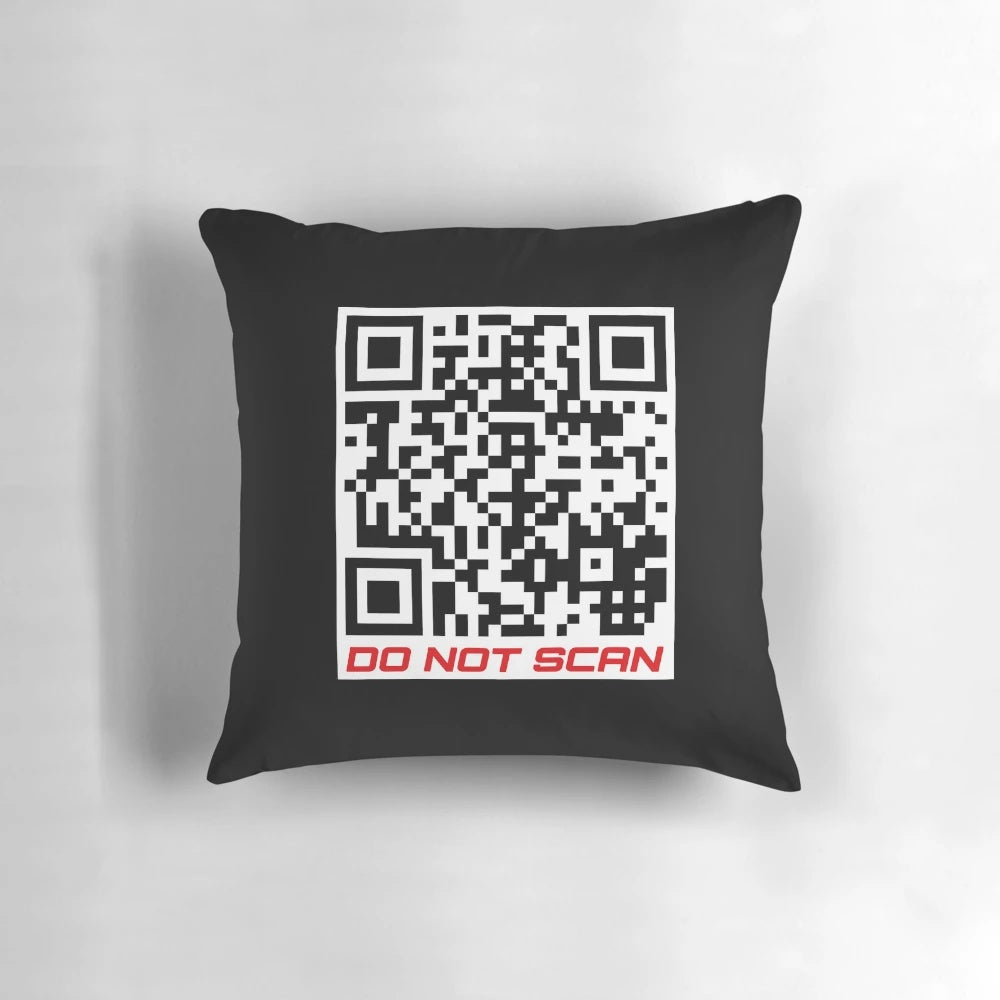 Pillow featuring a QR code that links to the Rick Astley "Never Gonna Give You Up" music video on YouTube