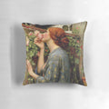Decorative pillow featuring 'The Soul of the Rose' painting by Pre-Raphaelite artist John William Waterhouse